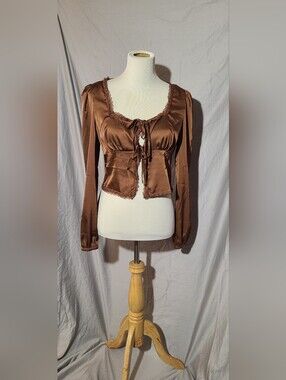 love, Fire Brown Satin Lace-Trim Tie-Front Blouse